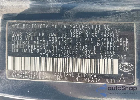 2006 Toyota Matrix z USA, uszkodzony, nr VIN 2T1LR30E46C560439